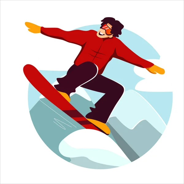 Snowboarding. Vector illustration of sliding snowboarder, isolated on snow mountains background. Rad and orange colours. — Stock Vector
