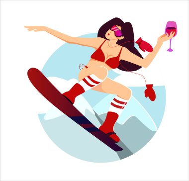 Elinde bir bardak şarapla kırmızı bikinili bir kız snowboard 'da bir numara yapıyor. Tasarımınız için kış sporu illüstrasyonu.