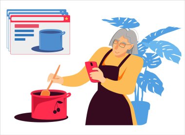 Mutfaktaki yaşlı bir bayan yemek tarifleri yazmak ya da görmek için akıllı telefon kullanıyor. Vektör düz resimleme