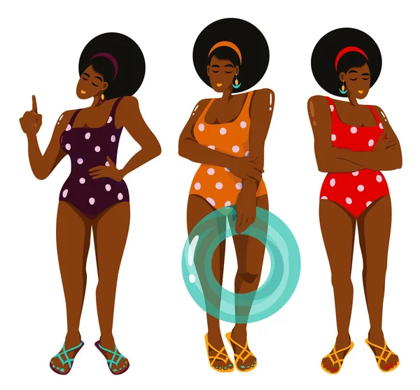 一组彩色泳衣和拖鞋的大尺寸漂亮黑人妇女的矢量插图。一组姿势 — 图库矢量图片