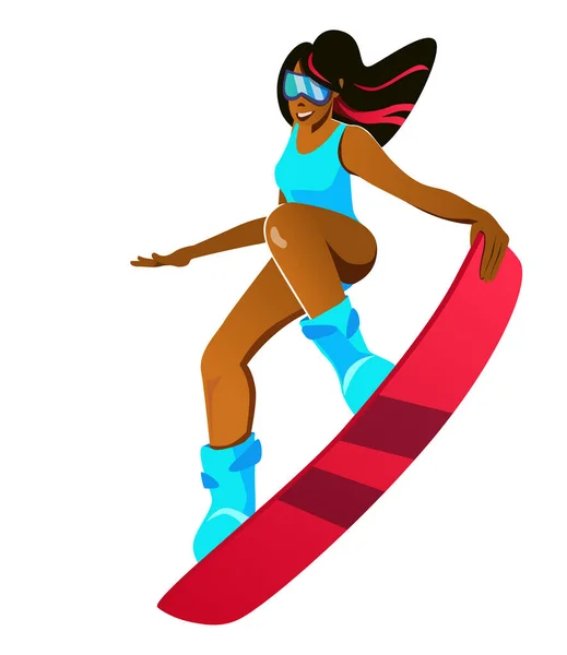 Fille noire avec des brins colorés dans un bikin sur un snowboard ou un cerf-volant dans un saut. Illustration vectorielle. Sport d'hiver, femme dans le sport. Saut en snowboard. — Image vectorielle