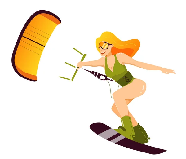 Femme rousse en maillot de bain olive se précipite debout sur le kiteboard, dans une main tenant cerf-volant de puissance. Kitesurf ou concept de sport extrême. Illustration vectorielle — Image vectorielle