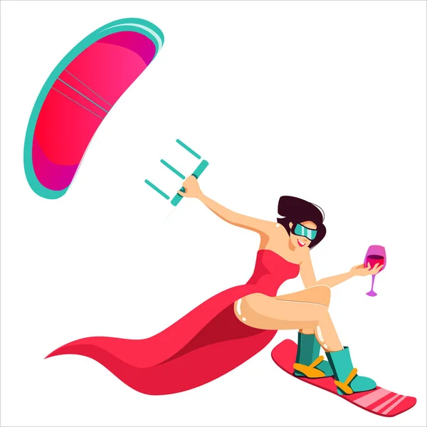 穿着时髦的红色连衣裙，手里拿着一杯葡萄酒的黑发美女是由一个木板和一个帆- -风筝冲浪或极限运动的概念所驱动的。矢量说明 — 图库矢量图片