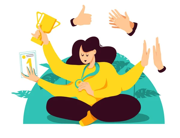 Mladá mnohotvárná žena ve žlutém svetru přijímá ocenění: poháry, certifikáty, medaile. Koncept úspěchu v multitasking aktivitách. Vektorová ilustrace. — Stockový vektor