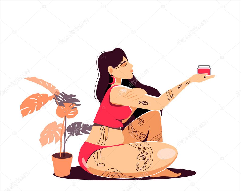 Attractive plus size young woman with dark hair with nautical tattoos in pink sports underwear sits with moisturizer - vector illustration isolated on white background. The concept of self-care, harmony and bodily positiveness. Care cosmetics.