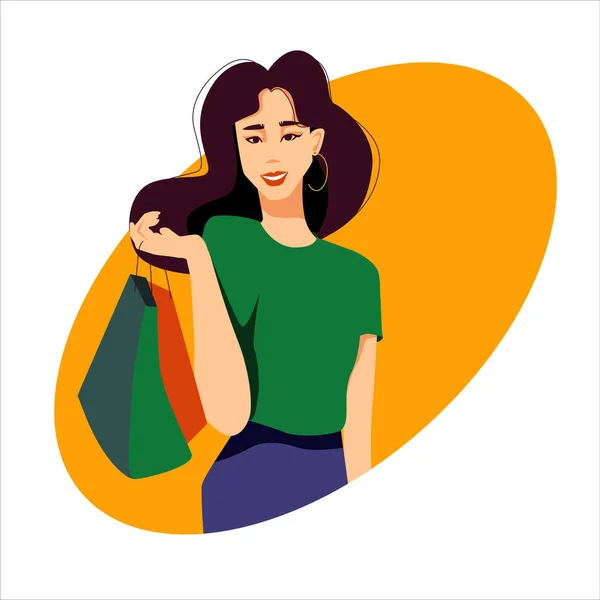 예쁜 현대 아시아 여성 이 가게에서 가방을 들고 있습니다. 간단 한 옷: 티셔츠와 치마 - 벡터 평면 삽화, 노란색 과 초록색. — 스톡 벡터