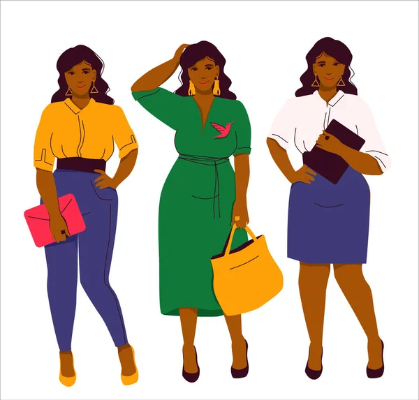 3つのファッションルック、カジュアルジーンズ、ブラウス、スマート-緑のドレスとブローチ、ビジネス-白いブラウスと青い鉛筆スカートのセット。ヒールの靴。美しいアフリカ系アメリカ人女性プラスサイズ. — ストックベクタ