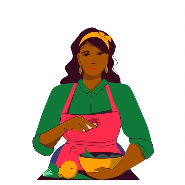 Hermosa joven afroamericana mujer más tamaño cocina en la cocina, brócoli en la mesa. Ilustración vectorial en colores rosa y verde aislados sobre fondo blanco — Archivo Imágenes Vectoriales