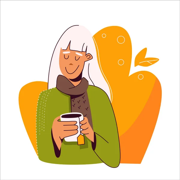 Eine blonde Frau im kuscheligen olivgrünen Pullover und Schal wärmt ihre Hände an einer Tasse Tee. Teepause. Vektor flache Illustration isoliert auf orangefarbenem Herbsthintergrund. — Stockvektor