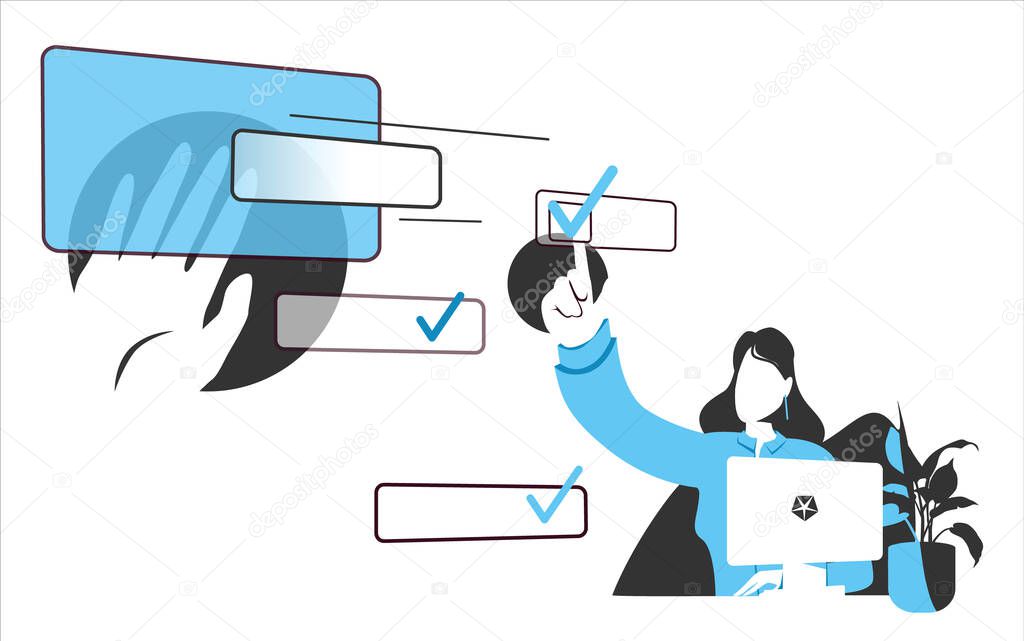 Woman office worker marks completed tasks. The heand distributes tasks. Concept of selecting, labeling, setting targets, assigning or delegating tasks. Vector illustration isolated on white background