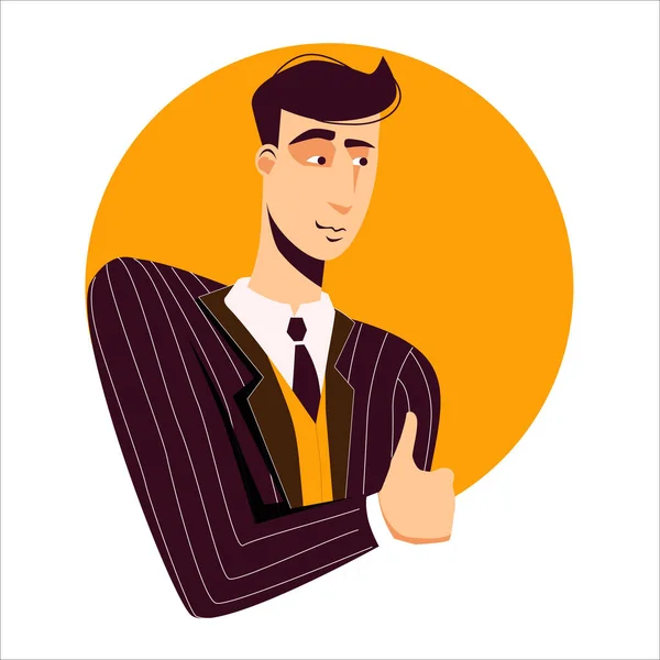 Hombre adulto lindo con elegante traje de rayas marrones levanta su pulgar alentador. Una figura hasta la cintura en un círculo amarillo. Ilustración vectorial aislada sobre fondo blanco. Aprobación y apoyo. — Vector de stock