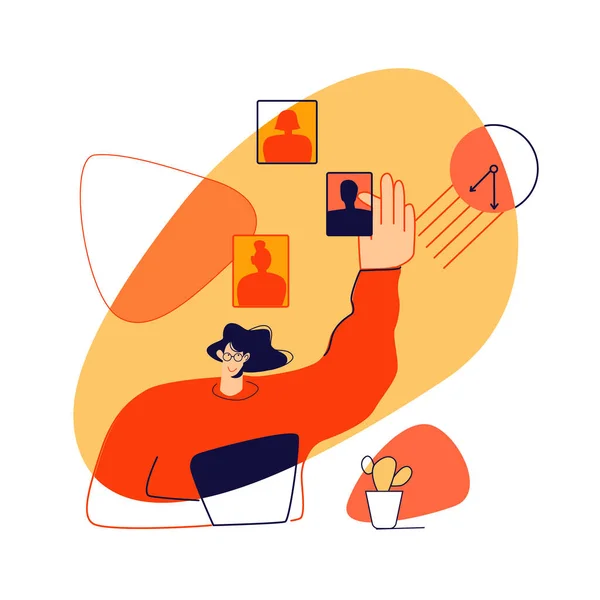 The woman works in the office and chooses the performers. The concept of delegating tasks, multitasking, choice. Vector flat illustration isolated on motley background. Yellow and red colors. — Stock vektor