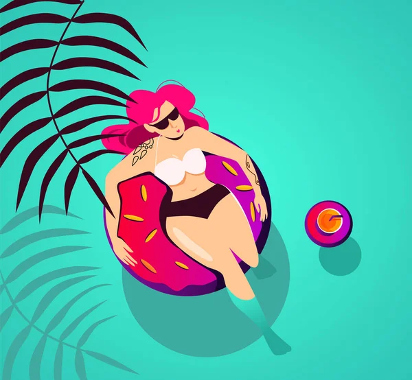 도넛 모양의 부풀어 오르는 링 위에 있는 한 소녀는 부풀어 오르는 링 위의 열 대 칵테일 옆에 있는 열대 낙원에서 쉬고 있다. 휴가철, 여름. — 스톡 벡터