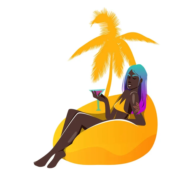 Beautiful young african american woman with two-colored hair in bikini sits in a yellow bag chair with a cocktail on a palm tree background. Relax. Vector illustration isolated on white background. — Stock Vector