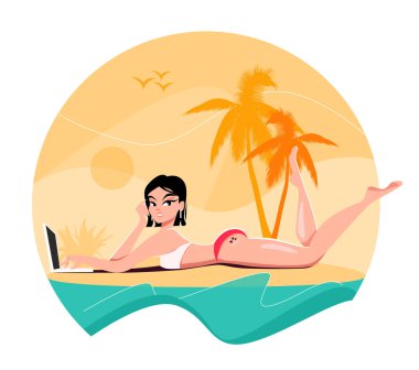İki tonluk pembe ve beyaz bikinili güzel bir kadın kumsalda dizüstü bilgisayarla dinleniyor. Uzaktan çalışma, dinlenme, video konferansı kavramı. Dalgalar, palmiyeler ve martılar ile vektör illüstrasyonu.