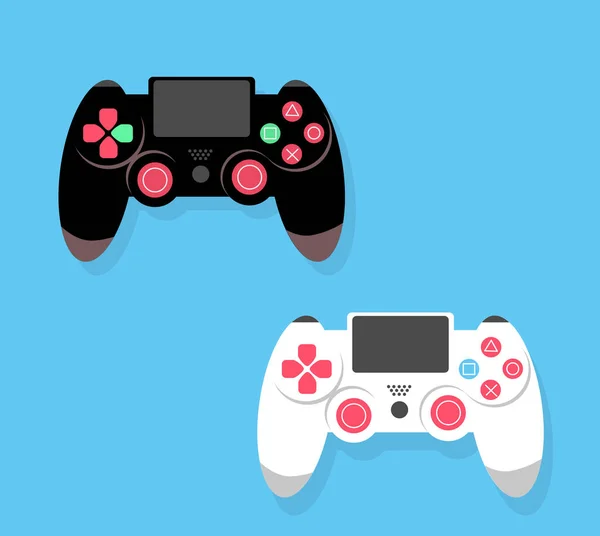 Σετ δύο ασύρματων gamepads για σύγχρονα βιντεοπαιχνίδια -λευκό και μαύρο. Εικονογράφηση διανύσματος απομονωμένη σε μπλε φόντο — Διανυσματικό Αρχείο