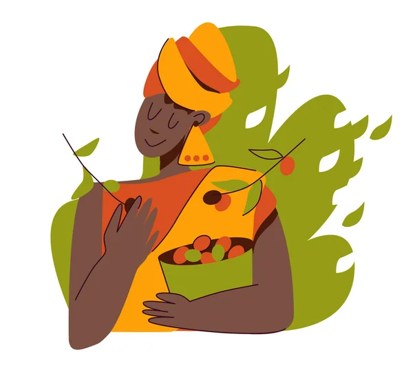 Mulher africana colhe café de um ramo. Fazenda de café. Um lindo turbante amarelo. Desenho plano de ilustração vetorial. —  Vetores de Stock