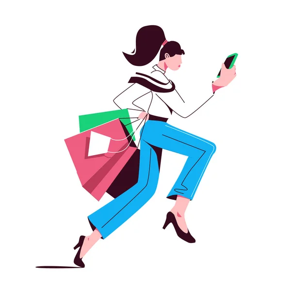 Szczęśliwa młoda kobieta zakupy w spodnie i wysokie obcasy działa z torbami i patrzy na telefon, koncepcja sprzedaży, bestseller, informowanie przez aplikację mobilną. Ilustracja wektora izolowana na białym tle — Wektor stockowy