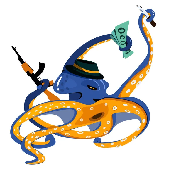 青いタコ-ナイフ、紙幣、機関銃を持つフェルト帽子のマフィアのシンボルです。白い背景に独立したベクターイラスト. — ストックベクタ