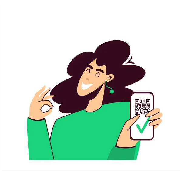 Young smiling woman demonstrates phone with qr-code. Concept for confirmation of vaccination against covid-19. Vector illustration isolated on white background. — Stock Vector