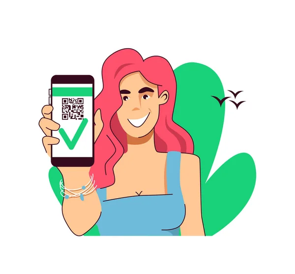 Moderní usmívající se mladá žena s růžovými vlasy demonstruje telefon s QR-kód. Koncepce potvrzení vakcinace proti covid-19. Vektorové ilustrace izolované na bílém pozadí. — Stockový vektor