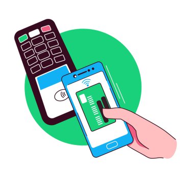 Banka terminali üzerinden kredi kartı ödemesi. Kart ödeme illüstrasyonu yeşil, mavi ve beyaz.