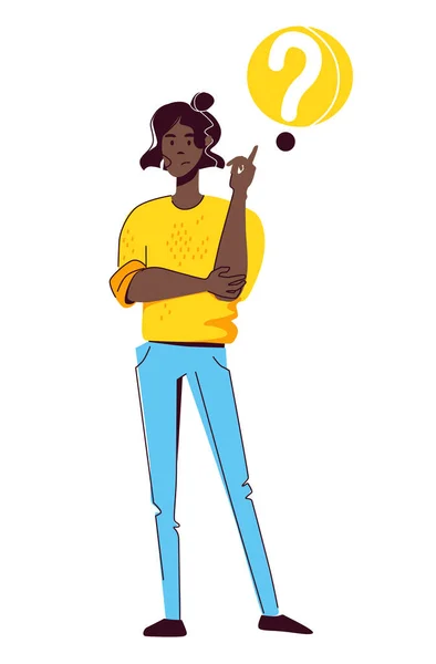 Joven mujer afroamericana moderna en un suéter amarillo y pantalones vaqueros se encuentra en una postura pensativa con un signo de interrogación. Concepto de tomar una decisión, elección. Ilustración vectorial aislada sobre fondo blanco. — Archivo Imágenes Vectoriales