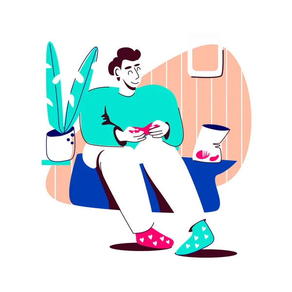 Homem solitário de camisola senta-se em seu apartamento e joga um gamepad, ao lado de batatas fritas e uma planta. Uma noite normal em casa. O conceito de descanso curto, tempo para si mesmo. Ilustração vetorial. —  Vetores de Stock