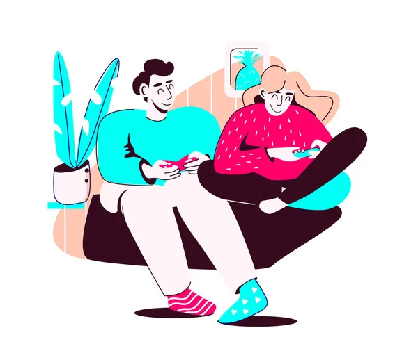 Um jovem e uma mulher brincam de consolas enquanto se sentam no sofá juntos em um ambiente familiar. O conceito de uma noite de família juntos. Ilustração vetorial isolada sobre fundo branco. —  Vetores de Stock
