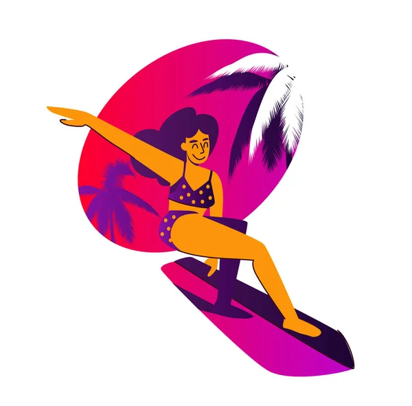 볼카 점 이 있는 수영복을 입고 수영을 하는 소녀는 석양 하늘 과 야자나무의 뒷면에 파도를 잡는다. 백색광에서 분리되어 있는 원색 그림 — 스톡 벡터