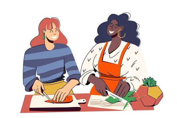 Duas mulheres bonitas jovens diferentes cortam verduras, cozinham em conjunto. Um master class culinário ou apenas uma reunião de amigos em uma cozinha moderna. Ilustração vetorial isolada sobre fundo branco —  Vetores de Stock