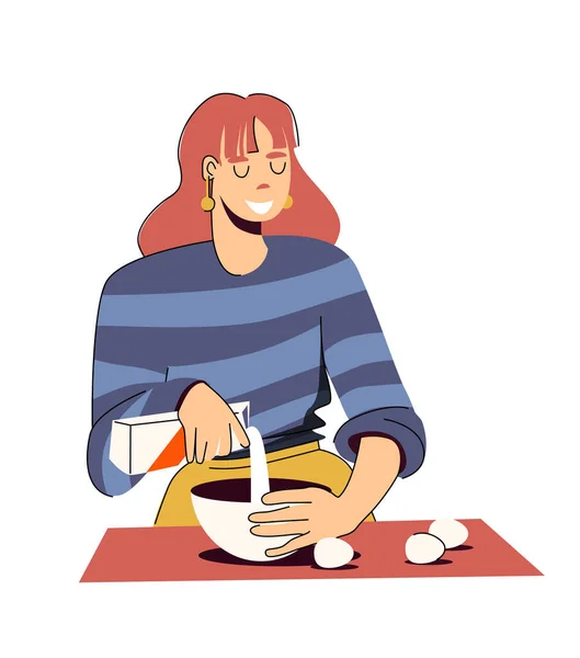 Jovem está cozinhando em sua cozinha. Mistura farinha de leite e ovos em uma tigela. Ilustração vetorial isolada sobre fundo branco. —  Vetores de Stock