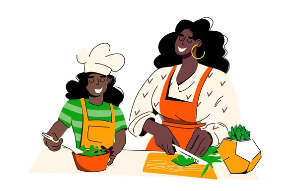Mujer hermosa negra cocinando con un niño. Tiempo con su hijo. Cocinan juntos. Una chica con sombrero de chef. Ilustración vectorial sobre fondo blanco. — Archivo Imágenes Vectoriales