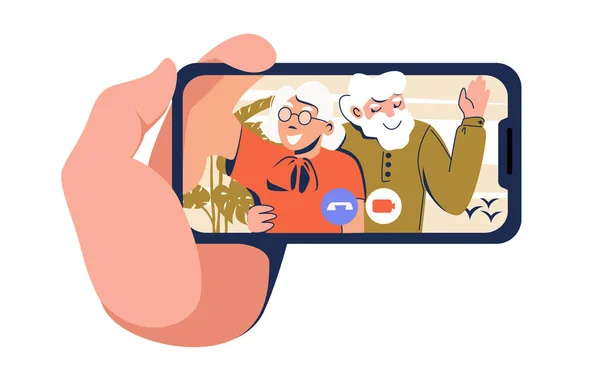 Бабушка с дедушкой звонят из отпуска. Пожилые женщины и мужчины веселятся и пользуются мобильным телефоном. Векторная иллюстрация на белом фоне. — стоковый вектор