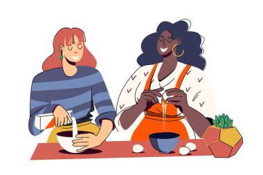 İki farklı güzel kadın birlikte yemek pişiriyor: yumurta kırmak, süt dökmek. Aşçılık yüksek lisansı mı yoksa modern bir mutfakta arkadaş toplantısı mı? Vektör illüstrasyonu beyaz arkaplanda izole edildi