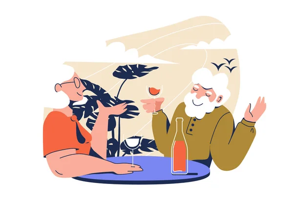 Ältere Menschen haben Spaß an einem Date. Gespräche, Wein, draußen. Vektor-Illustration isoliert auf weißem Hintergrund. — Stockvektor