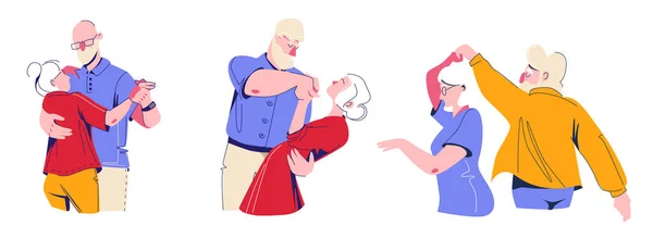 Uppsättning illustration av romantisk dans av två äldre människor. Vektor illustration i tecknad stil isolerad på vit bakgrund. — Stock vektor