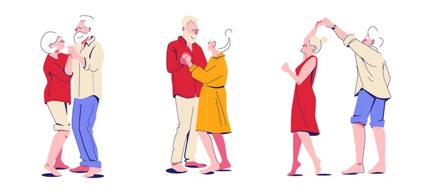 Uppsättning illustration av romantisk dans av två äldre människor. Vektor illustration i tecknad stil isolerad på vit bakgrund. — Stock vektor