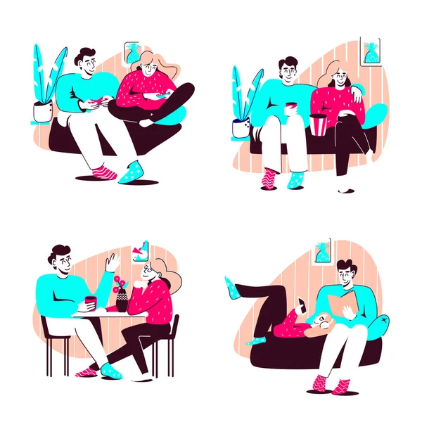 Set of vector illustrations about leisure of a young couple — Vector de stock
