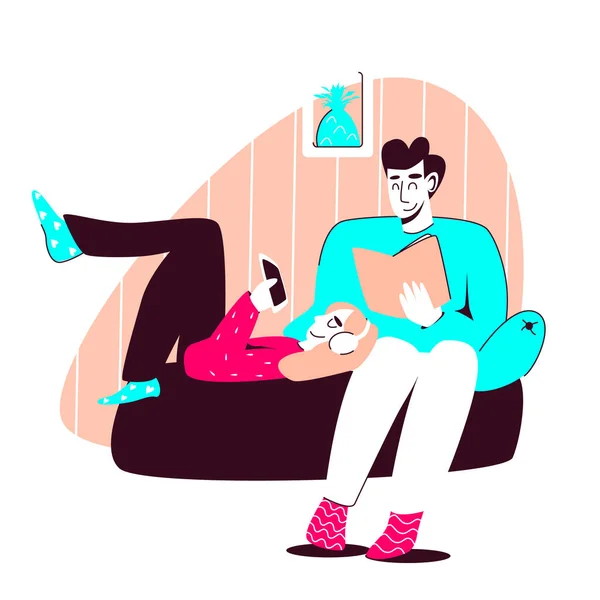 Happy Couple Resting at Home and Reading Books. Homme et femme sur canapé avec livre et téléphone. Illustration vectorielle isolée sur fond blanc — Image vectorielle