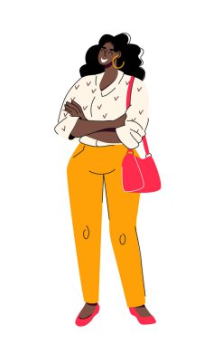Afro-Amerikalı kendine güvenen iş kadını kendine güvenen bir duruşta duruyor. Moda ofis kıyafeti. Artı boyut modeli. Vektör illüstrasyonu beyaz arkaplanda izole edildi