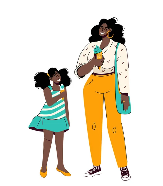 Ocio conjunto de la madre afro-americana de la familia y la hija adolescente. Pasatiempo fácil con helado. Ilustración vectorial aislada sobre fondo blanco. — Vector de stock
