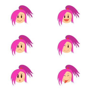 Çizgi film komik kız duygu koleksiyonu. Farklı bir ifadeyle sevimli bir kadın yüzü. Etiket, afiş, kart, poster ve her tasarım için kullanılabilir. Smiley hazır..