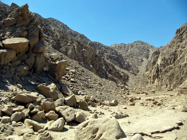 Скелі Синайських Горах Ущелина Сіро Жовтих Каменів Проти Блакитного Неба — стокове фото