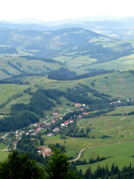 Osada Czerwonymi Dachami Zielonej Dolinie Górskiej — Zdjęcie stockowe