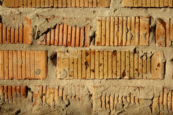Mauerwerk Aus Hellroten Ziegeln Mit Vertikalen Rillen Schlechte Graue Zementfugen — Stockfoto