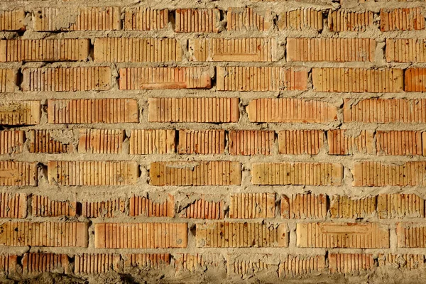 Mehrreihiges Mauerwerk Aus Hellroten Ziegeln Mit Vertikaler Nutstruktur Hässliche Mörtelfugen — Stockfoto