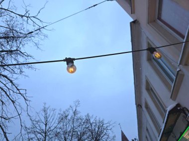 Sokak lambaları binanın üstündeki kablolarda asılı. Gökyüzü gridir ve ağaçların dalları çıplaktır. Ampuller loş ışıkta usulca parlıyor..