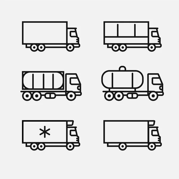 Set Icone Camion Furgone Camion Tenda Serbatoio Contenitore Camion Carburante — Vettoriale Stock
