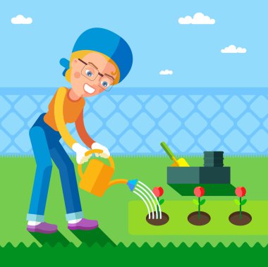 Çiçekleri sulayan kadın